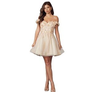 Juliet, JL861 NWOT 3D Floral Off-Shoulder Champagne Mini Dress, Size S